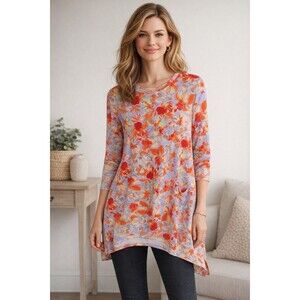 LOGO by Lori Goldstein Rayon 230 Printed Top w/ Asymmetric Hem Women's Small